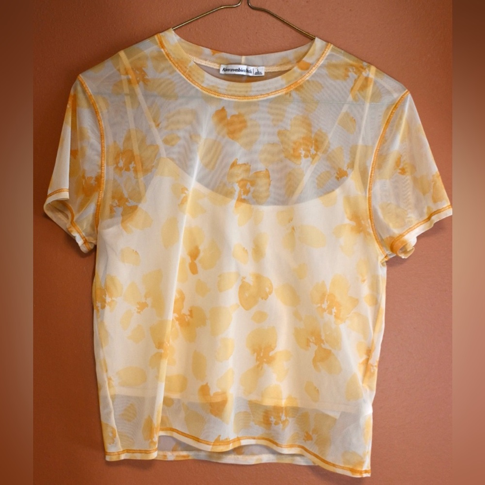 Abercrombie & Fitch Gold and White Fitted Sheer T-Shirt